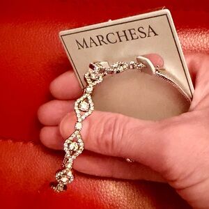 Marchesa Silver-Tone Crystal Scallop Hoop Earrings.